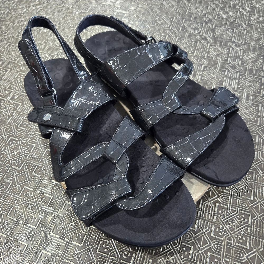 🐢 Vionic Paros Womens Size 8 Sandals Black Croc Embossed Sandals.